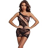 RNHGBB Fishnet Dress Mesh Lingerie for Women, One Shoulder Fishnet Mini Dress Fish Net Outfits for Women Sexy Black Onesize 2-8