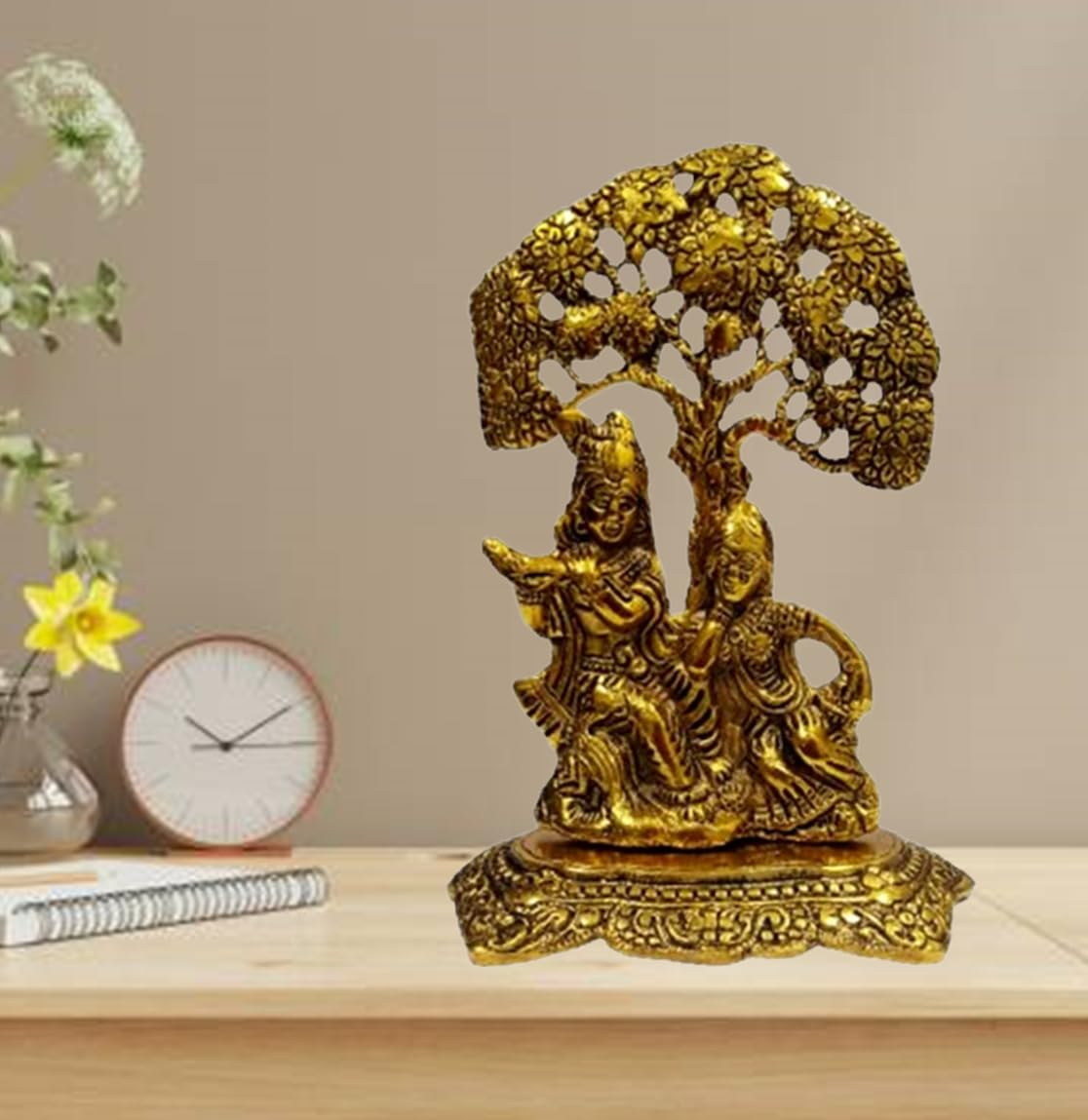 Purpledip Metal Idol Radha Krishna Under Tree: Decorative Statue For Home Temple (10924)