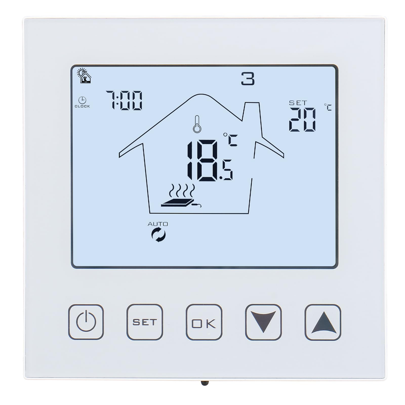 Wengart Heating Thermostat WG603W,AC90~240V 3A Weekly Programming,Touch Buttons,for Adjusting Room Temperature with Window Opening Detection and Vacation Mode