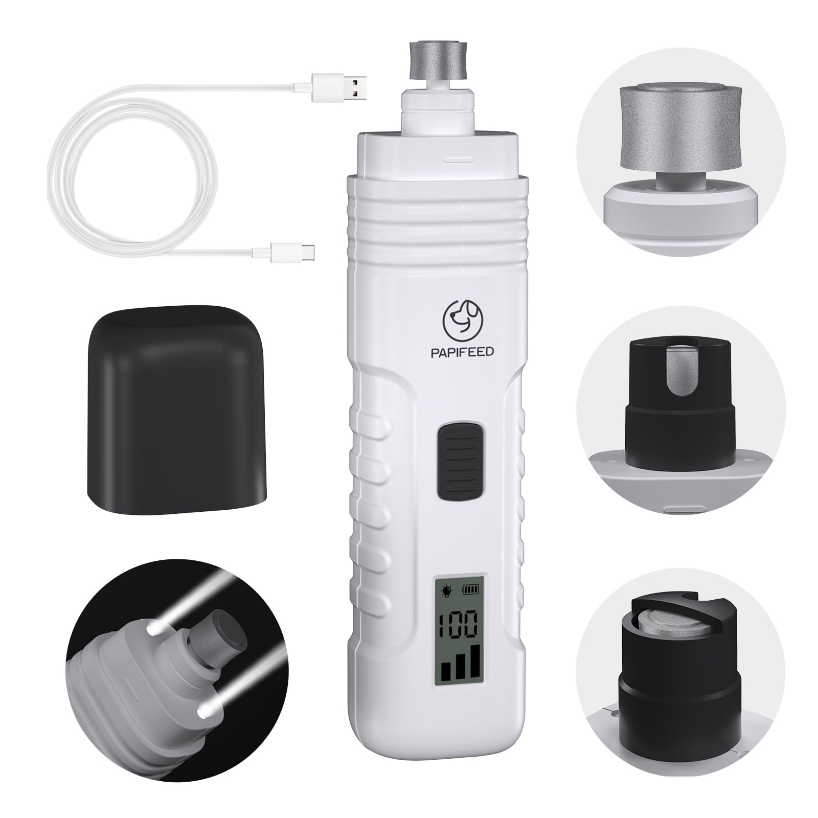 Photo 1 of PAPIFEED Dog Nail Grinder Professional Pets, 3-Speed Electric Quiet Dog Nail Grinder, Rechargeable Dog Nail Trimmers - with 2 LED Lights/2 Grinder Wheels, for Small, Medium, (White)