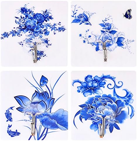 Removable Adhesive Clear Hooks Utility Hooks Heavy Duty Wall Hooks Waterproof Resuable Seamless Sticky Hook for Towel Coats,Bathroom Kitchen Self Adhensive Hooks(Blue and White Porcelain Pattern)