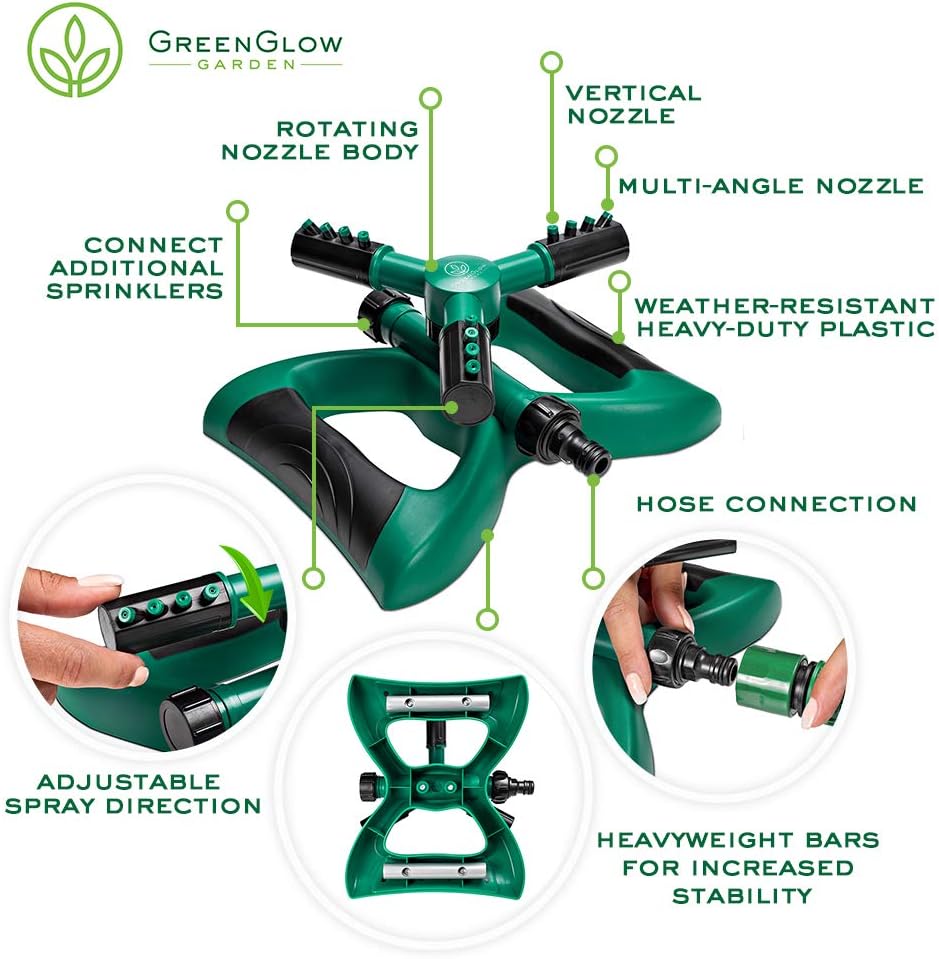 GreenGlow Garden Weighted Rotating Sprinkler - Best Garden Sprinklers, Watering Grounds, Misting Yard Plants - Gardening Water Rotator, Backyard Sprayer, Lawn Spinners - Heavy-Weight Stabilizers : Garden & Outdoor