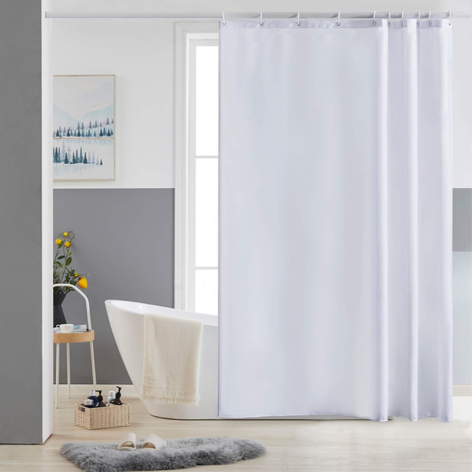 Furlinic White Shower Curtain Mould Proof Resistantand Waterproof Washable Polyester Fabric Bath Curtains with Weight Tape 10 Hooks for Wetroom 60x72 Inch.
