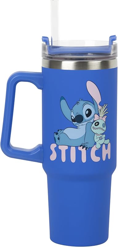 Tasse de voyage isotherme Disney Stitch avec paille bleue, 900 ml, Produit sous licence officielle avec poignée pour thé glacé ou café