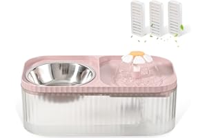 JEERAMIA Cat Water Fountain and Food Bowl, 3L/101oz Ultra Quiet Pet Water Dispenser with Smart Pump and 3 Replacement Filters, Automatic Flower Fountain & Stainless Steel Bowl for Dog & Cat (Pink)