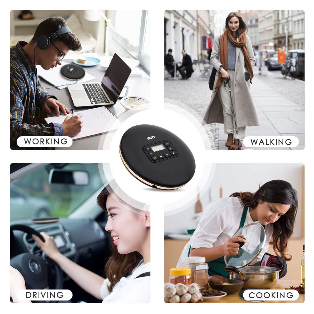 HOTT CD611 CD Player Portable Anti-Shock Personal Portable CD Player with Headphones USB AUX Output for Car Travel Home - Black