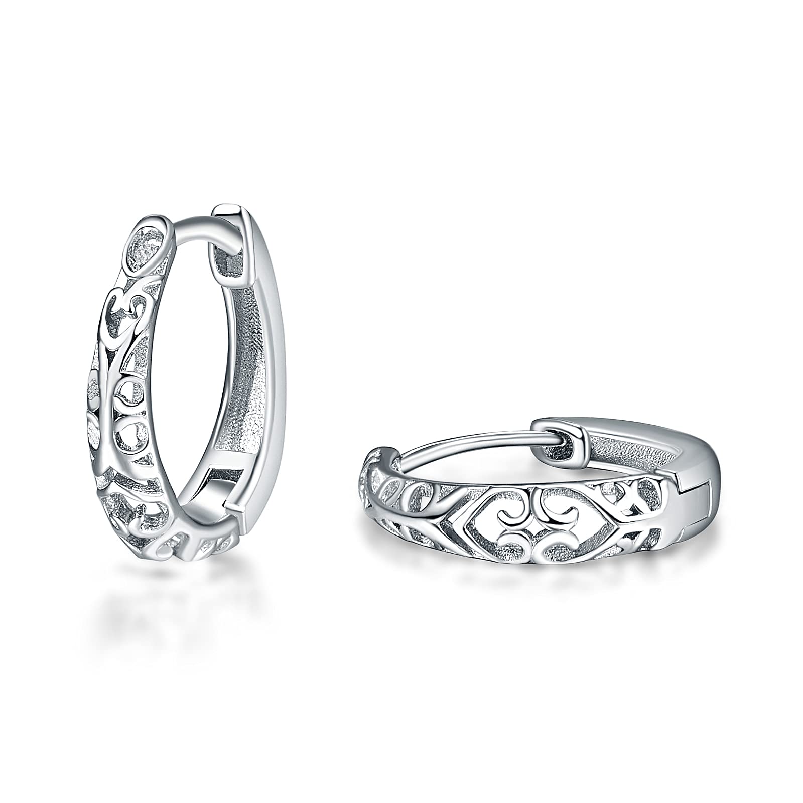 TANGPOET Filigree Earrings for Women 925 Sterling Silver Sleeper Earring Small Huggie Hoop Earrings Birthday Jewellery Gifts for Girls Girlfriend Ladies Mother, 15mm