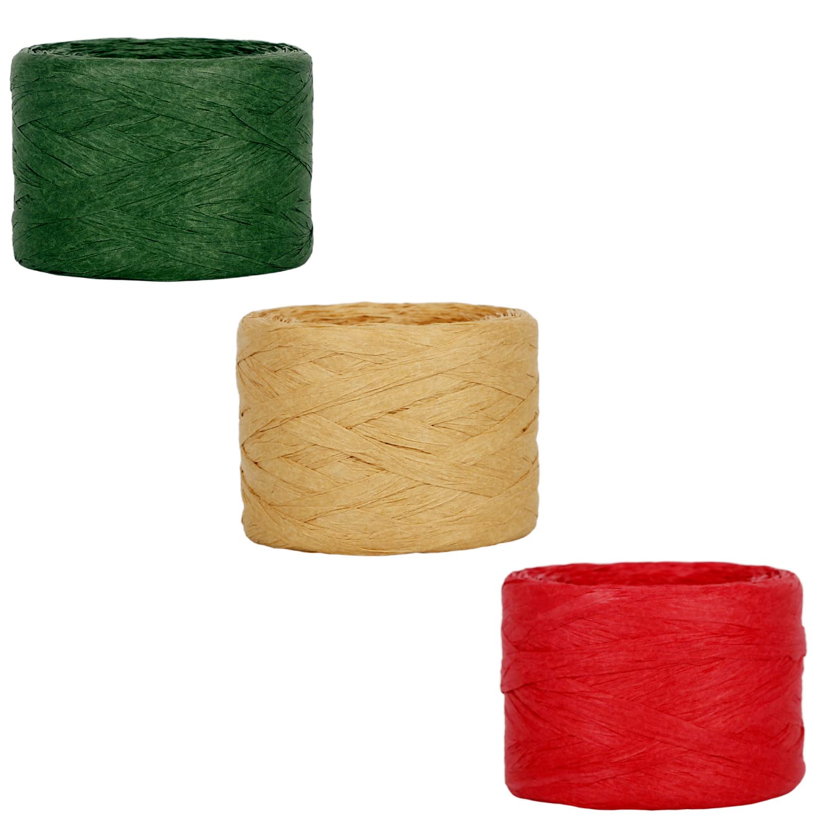 YAAVAAW 3 Rolls 50M Christmas Raffia Paper Ribbon,Natural Green Red Paper Raffia String Packing Ribbon Raffia Yarn Christmas Matte Raffia Twine Paper Recyclable Ribbons Gift Wrapping Christmas Party