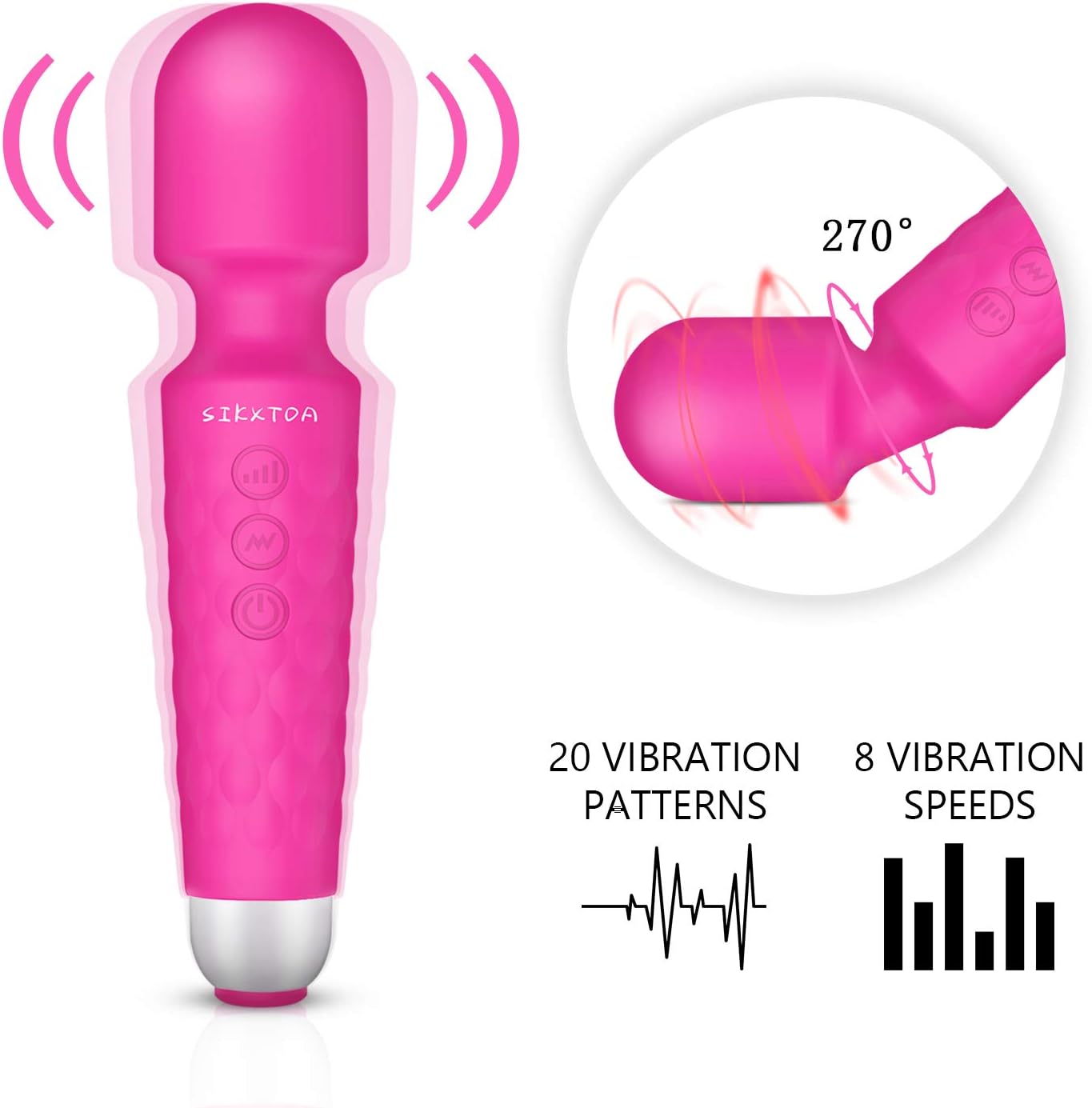 SIKXTOA Powerful Wand Massager with 20 Vibration Modes 8 Speeds, Wireless Handheld Waterproof Quiet Rechargeable Portable Personal Full Body Massager Relieve Muscle Stress Relaxing Body - Rose: Health & Personal Care