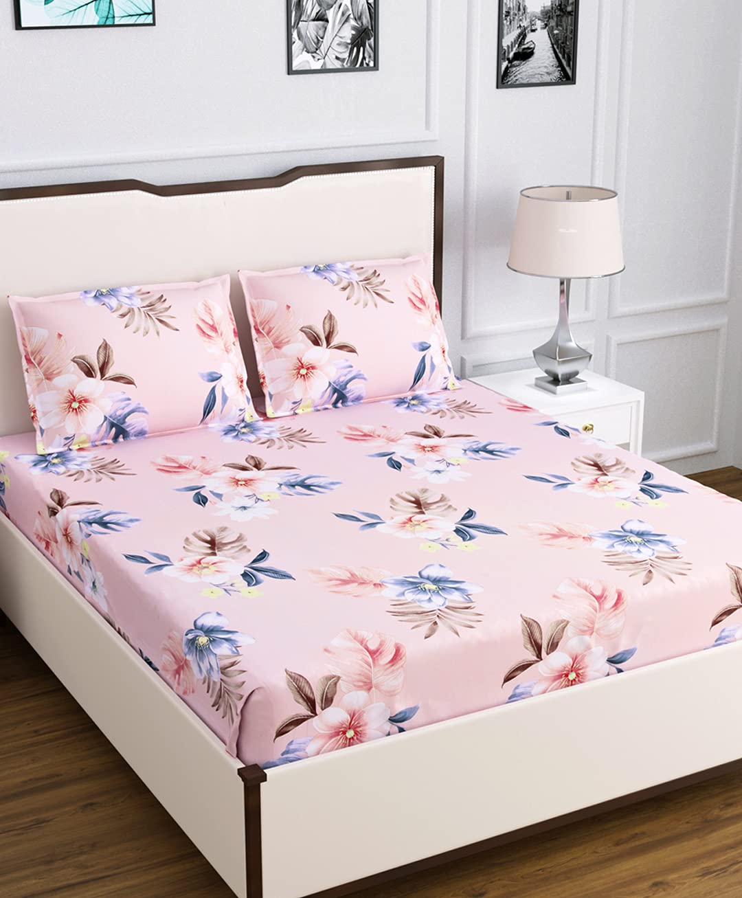 Dream Weaverz Queen Size Printed Bedsheet with 2 Pillow Covers - Designer Floral Print Pure Cotton Bedsheet Set for Elegant Bedding Mattress Sheet (Size 90 x 100 inches)