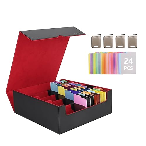 Venssu Card Storage Box For Trading Cards With Dedicated Card Supporters,3000+ Mtg Deck Box With 24 Colorful Divider Tabs,Trading Card Storage Fits For Magic Game Cards (Black and Red)