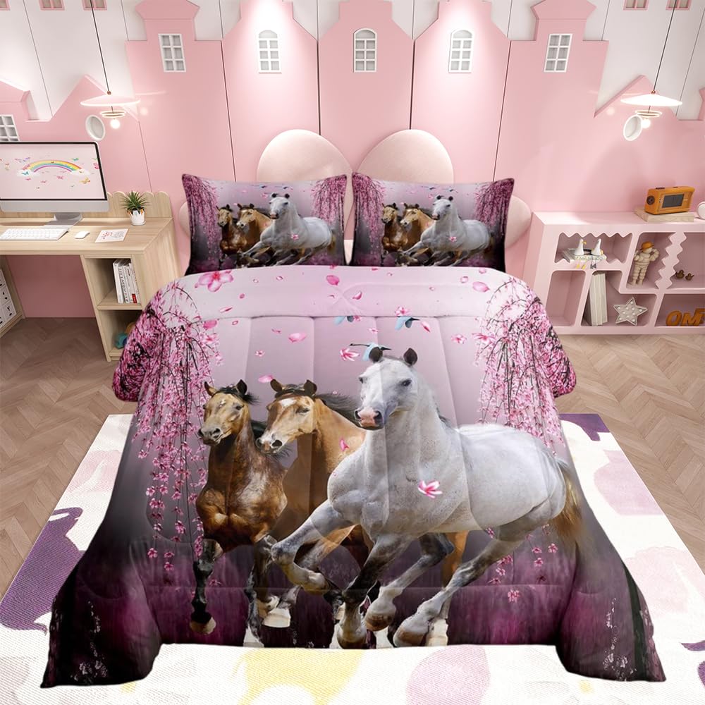 Boys Horse Duvet Set Cherry Blossom Branches Steed Kids Bedding Set for Girls Teens Galloping Horse Duvet Insert 3D Wild Animal Decor Quilt Set Bedroom Collection 3Pcs Double Size — image 1