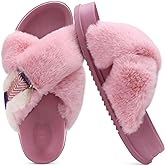 KuaiLu Women's Fuzzy Cross Band Platform Slippers Furry Faux Fur Comfortable Arch Support Open Toe Slides for Indoor Outdoor