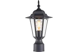 GRUENLICH Outdoor Post Lighting Fixture Pole Lantern, E26 Medium Base Max 60W, Aluminum Housing Plus Glass, Bulb Not Included, Black Finish, 1 Pack