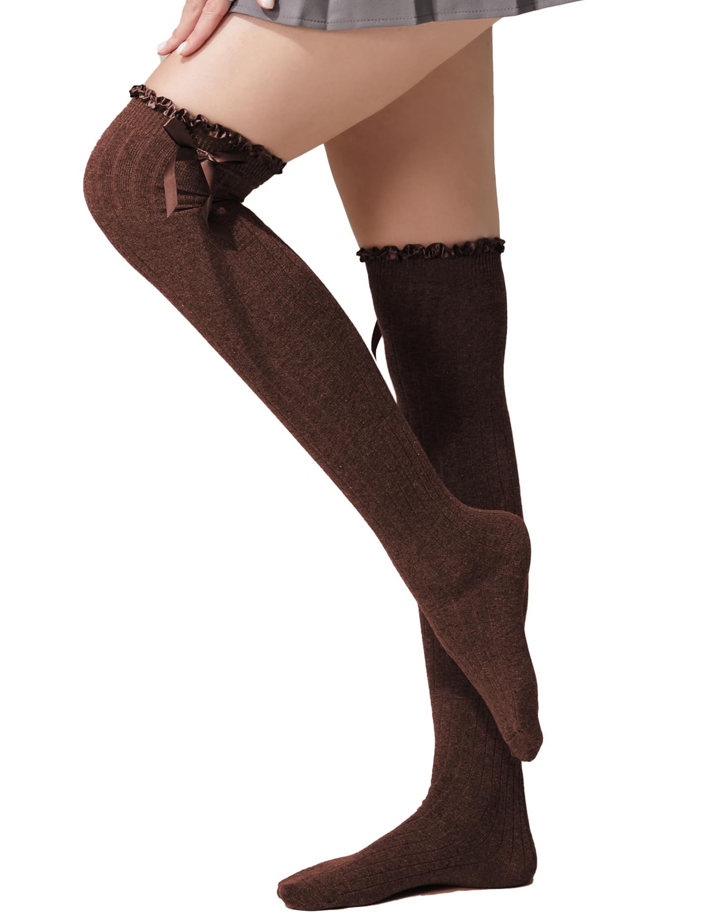 Photo 1 of TOCONFFON Women's Girls Thigh High Stockings Over the Knee Socks with Satin Bows(Coffee,One Size)