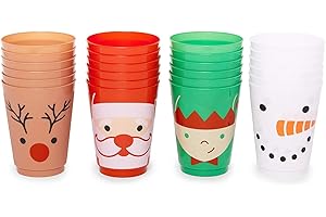 Sparkle and Bash 24 Pack Plastic Christmas Cups for Kids, 4 Xmas Designs - Table Decoration for Holiday Parties, 16 oz