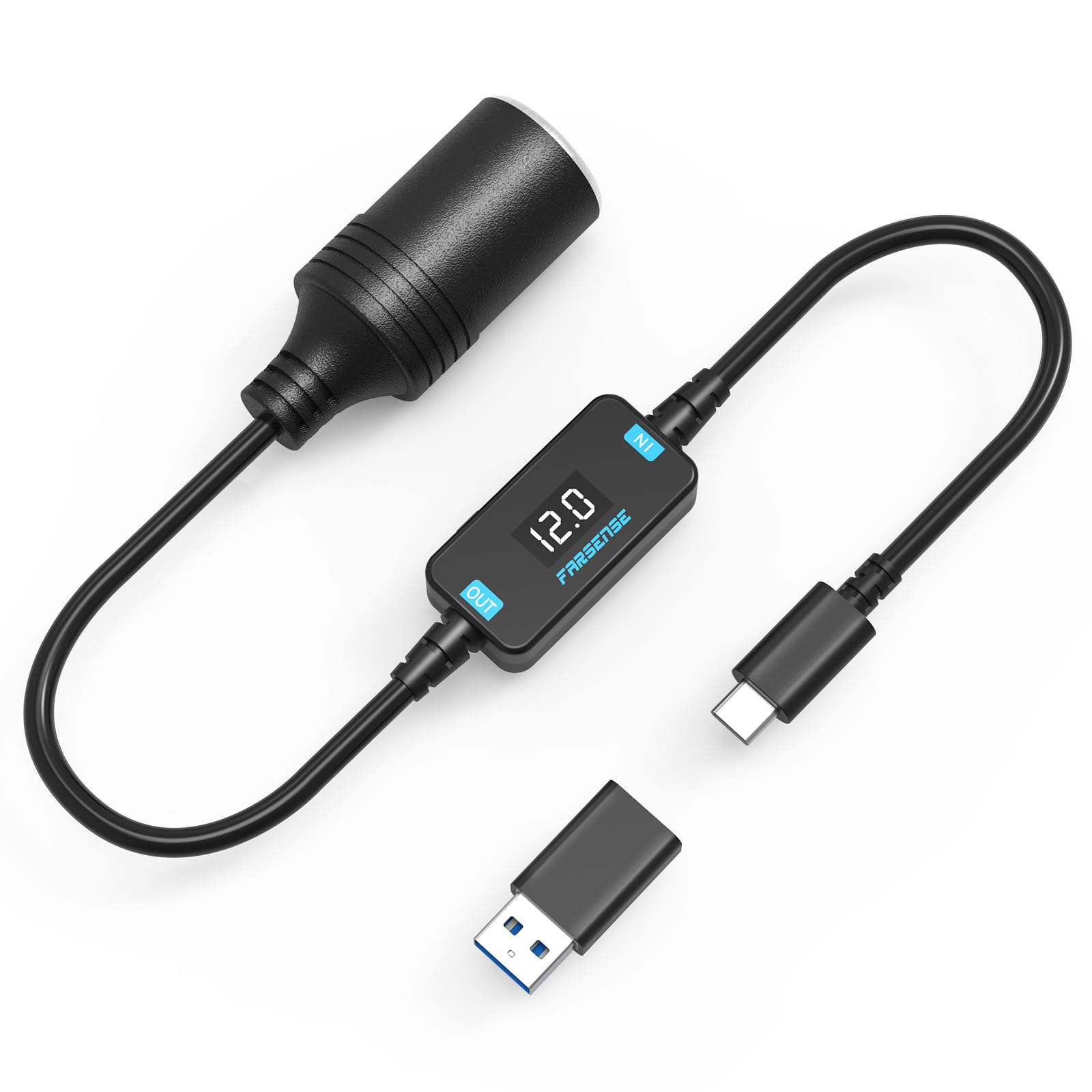 Photo 1 of FARSENSE USB C to 12V Cigarette Lighter Adapter-USB C to 12V Adapter,Type C Male to 12V Cigarette Lighter Socket Female Cable(1FT) Supports Voltage Display for Dash Cam,GPS,Driving Recorder,Etc 1 Pack