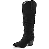 mysoft Women's Cowboy Knee-High Boots Pointed Toe Mid Chunky Heel Pull On Slouchy Boots with Zippers