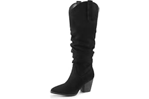 mysoft Women's Cowboy Knee-High Boots Pointed Toe Mid Chunky Heel Pull On Slouchy Boots with Zippers