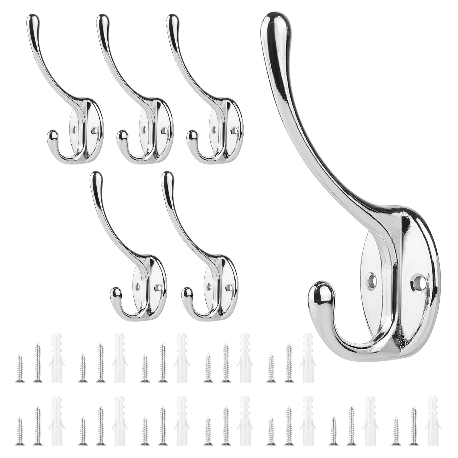 Sinofort Coat Hook, 6 Pcs Heavy Duty Black Coat Hooks, Wall Mounted Metal Hooks with 24 Screws for Wall, Door, Wardrobe (Nickel)