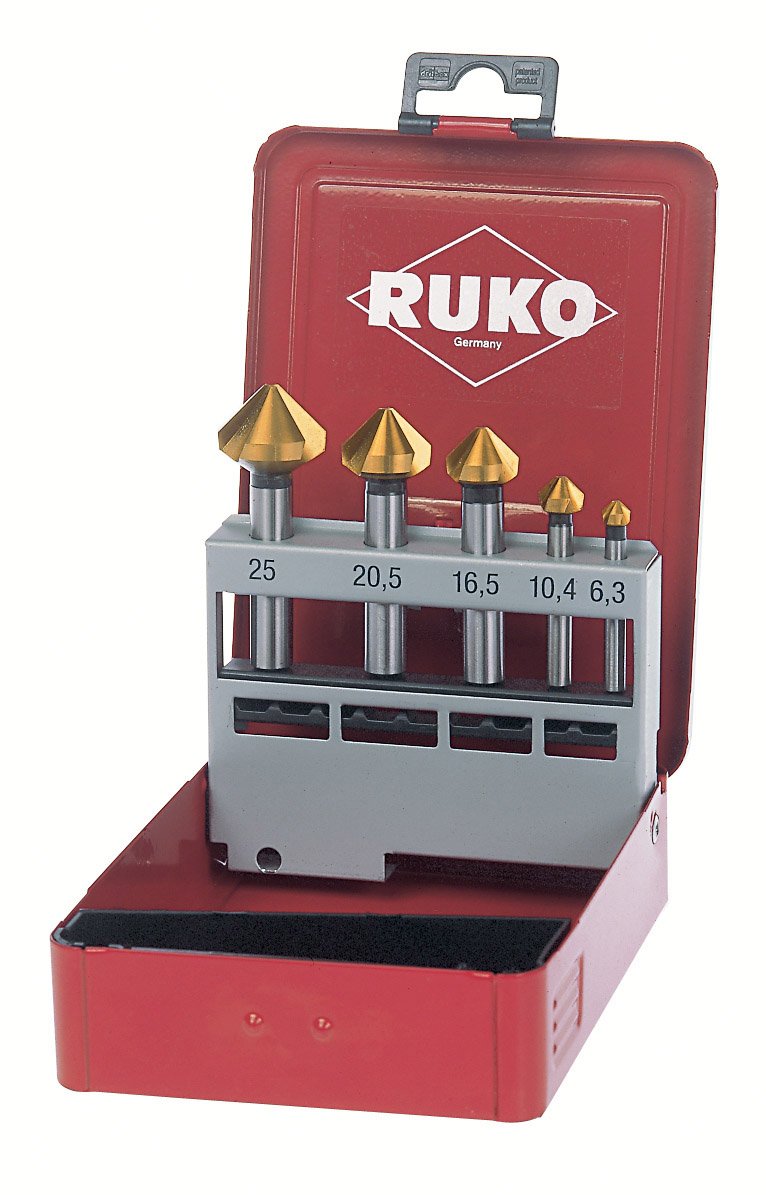 RUKO HSS Taper and Deburring Counter Sinker Set in Steel Case, Din 335, Type C, 90 Degree, Tin Finish, 5 Pieces, R102154T