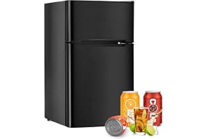 Toolsempire Mini Fridge with Freezer,3.2 Cu.FT Compact Refrigerator, Dual Door Refrigerator with Adjustable Temperature & Removable Glass Shelves, Mini Fridge for Dorm, Office,Kitchen (Black)