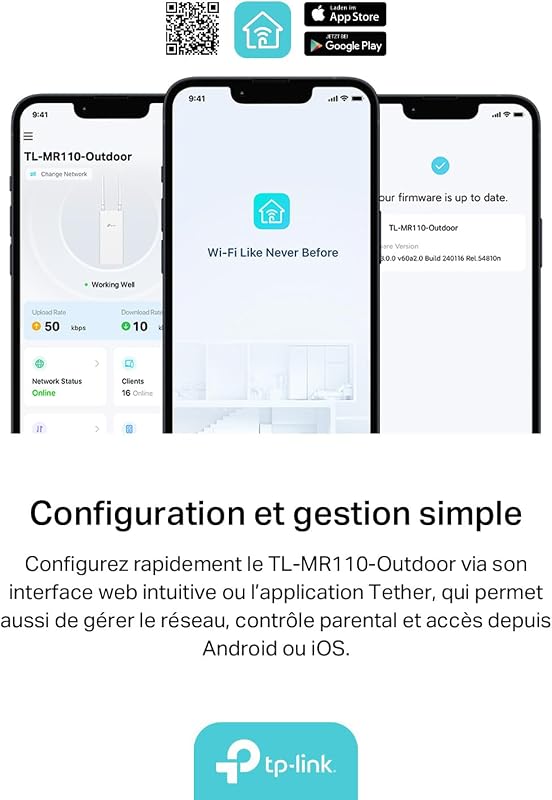 TL-MR110-Outdoor Routeur 4G LTE jusqu'à 150 Mbps, WiFi 300 Mbps, Étanche IP65, WiFi N300, Antennes 4G Amovibles, Idéal Zones Rurales et Sites Distants, Plug & Play, sans Box, Montage Facile