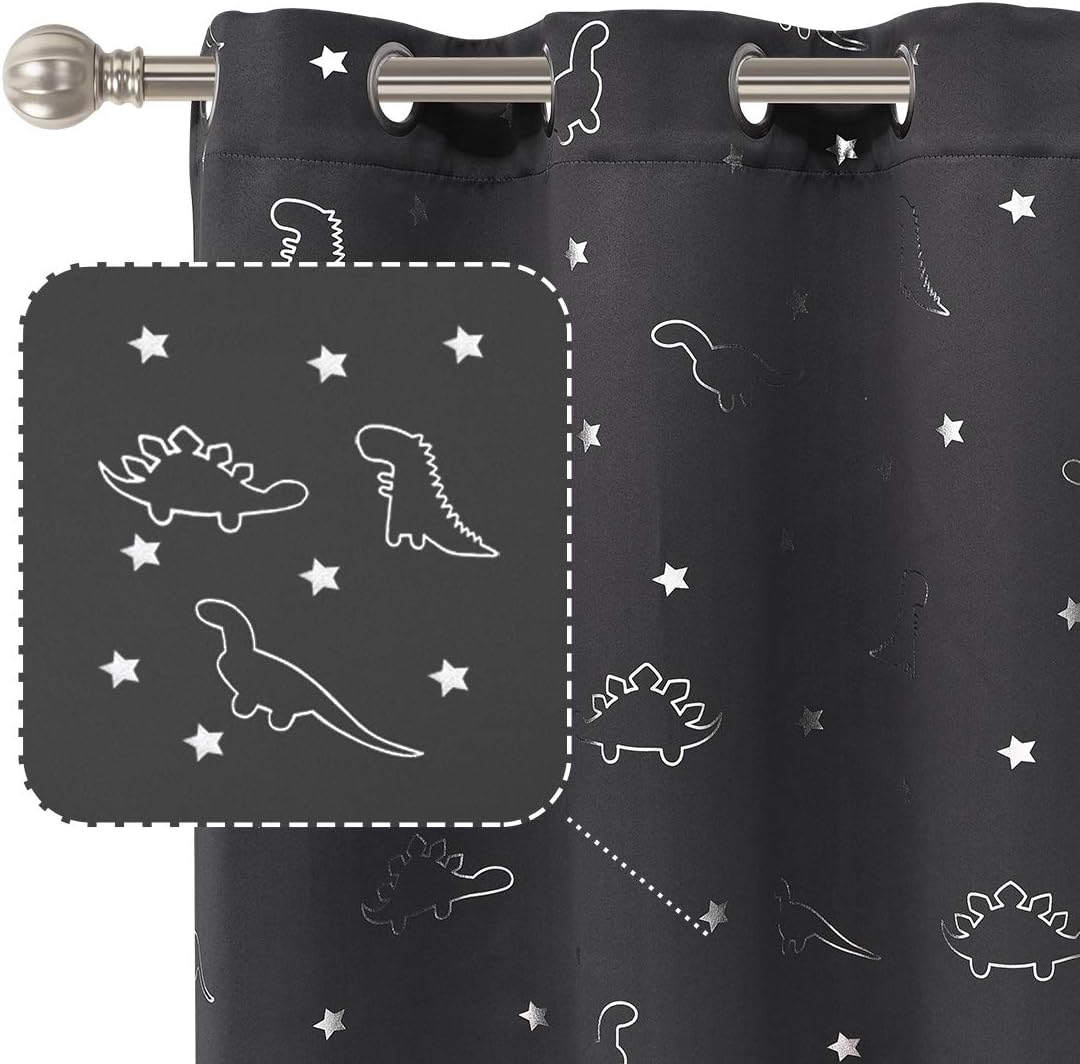 LORDTEX Dinosaur and Star Foil Print Blackout Curtains for Kids Room - Thermal Insulated Curtains Noise Reducing Window Drapes for Boys and Girls Bedroom, 42 x 84 Inch, Grey, Set of 2 Panels