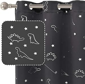 LORDTEX Dinosaur and Star Foil Print Blackout Curtains for Kids Room - Thermal Insulated Curtains Noise Reducing Window Drapes for Boys and Girls Bedroom, 42 x 84 Inch, Grey, Set of 2 Panels