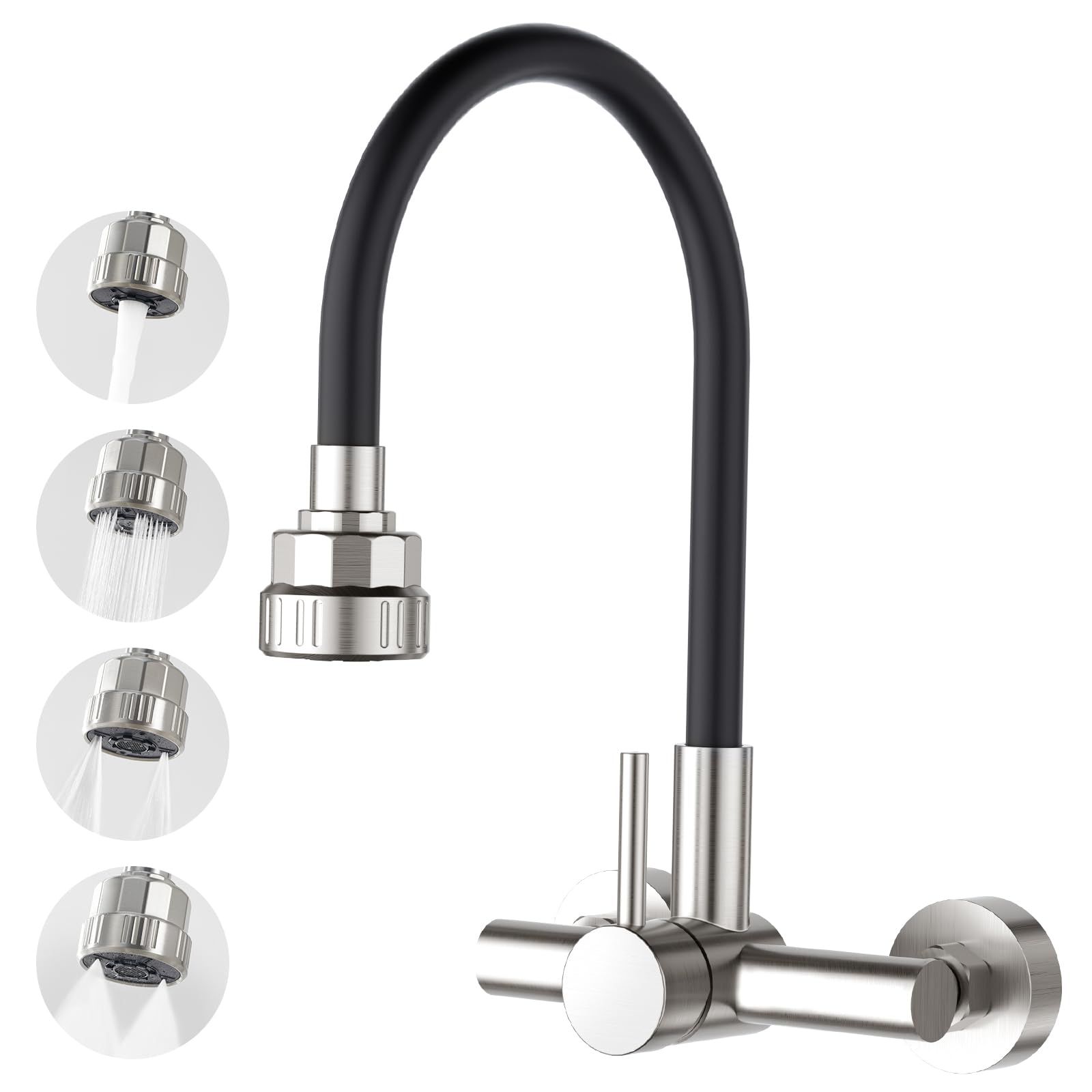 CREA Kitchen Wall Tap with Black 360° Flexible Silicone Soft Hose, Single Lever Mixer Tap for Sink Kitchen with 4 Water Jets Shower Head, Brushed Stainless Steel