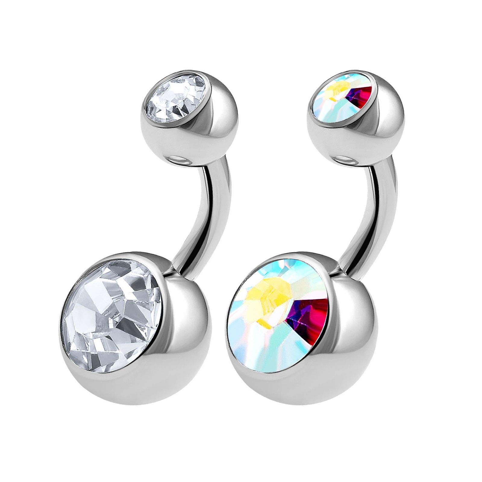 KJM FASHION 2PCS 316L Surgical Steel Short Belly Button Rings Studs 14 Gauge 1/4 6mm Aurora Borealis Crystal Balls Navel Jewellery 0568