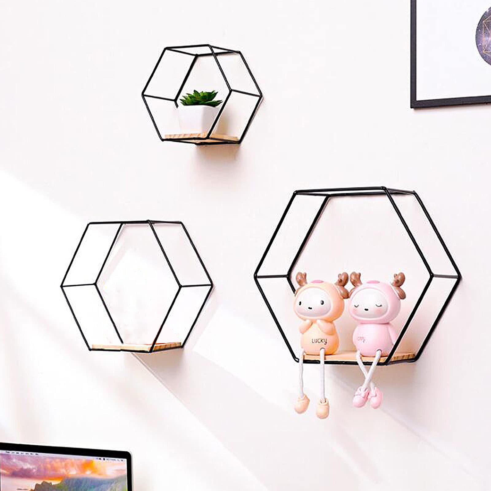 Set of 3 Metal Hanging Storage Shelve, Wall Mounted Floating Hexagon Shelves, Geometric Hexagon Shaped Mounted Floating Metal Framed Shelves Decorative Wire Wall Shelf for Bedroom Bathroom(Black)