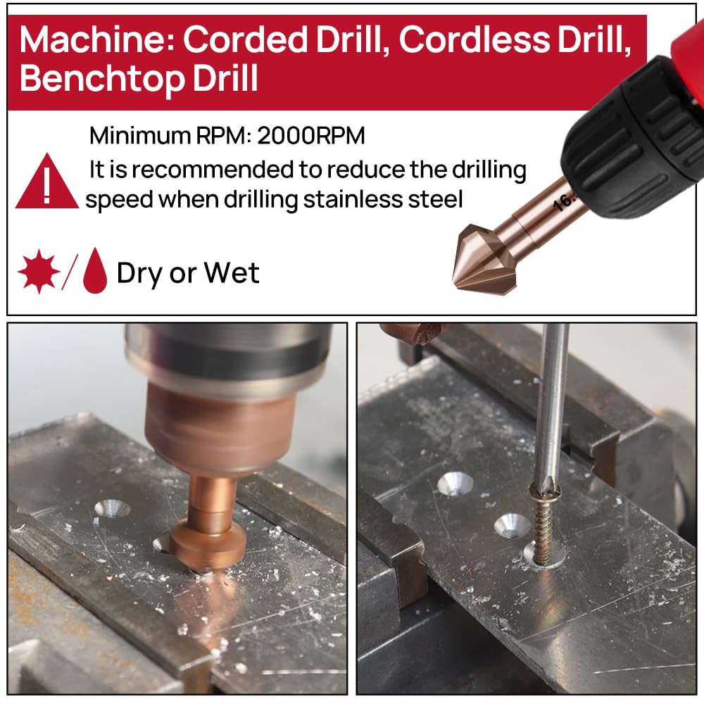 FOCSTOL Kegelsenker Bohrer HSS Set - 90° Kobalt Senker Bohrer Set mit Rundschaft für Edelstahl Kupfer Aluminium Holz Kunststoff 6 Stück (6,3/8,3/10,4/12,4/16,5/20,5mm) 4