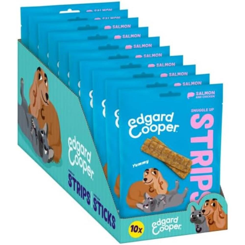 Edgard Cooper Natural Dog Treats, Salmon Snuggle Up Strips, 10 x 75g bag, Grain Free, High in Protein fresh meat, full of essential amino acids for healthy insides