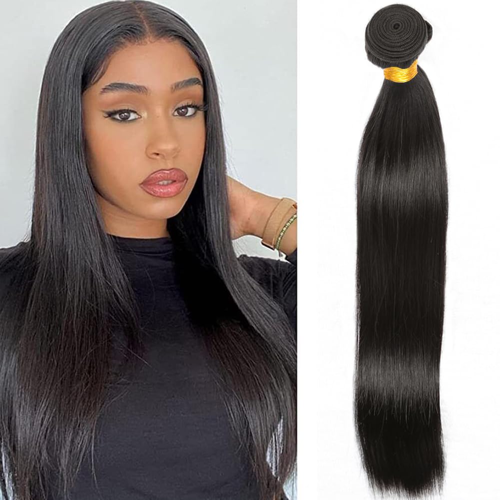 Urshiney Straight Human Hair Bundles for Women Short Brazilian Virgin Hair Machine Made Double Weft Straight Weave Bundles Human Hair Natural Black Color Can Be Dyed 100g 10 Inch