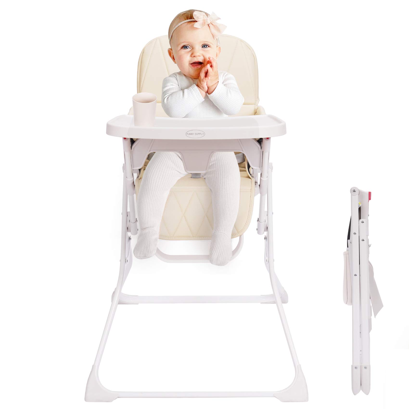 FUNNY SUPPLY Folding Baby High Chair with Dishwasher Safe Tray, Foldable & Portable High Chair Ideal for Car Travelling, Small Apartment - Cream Color