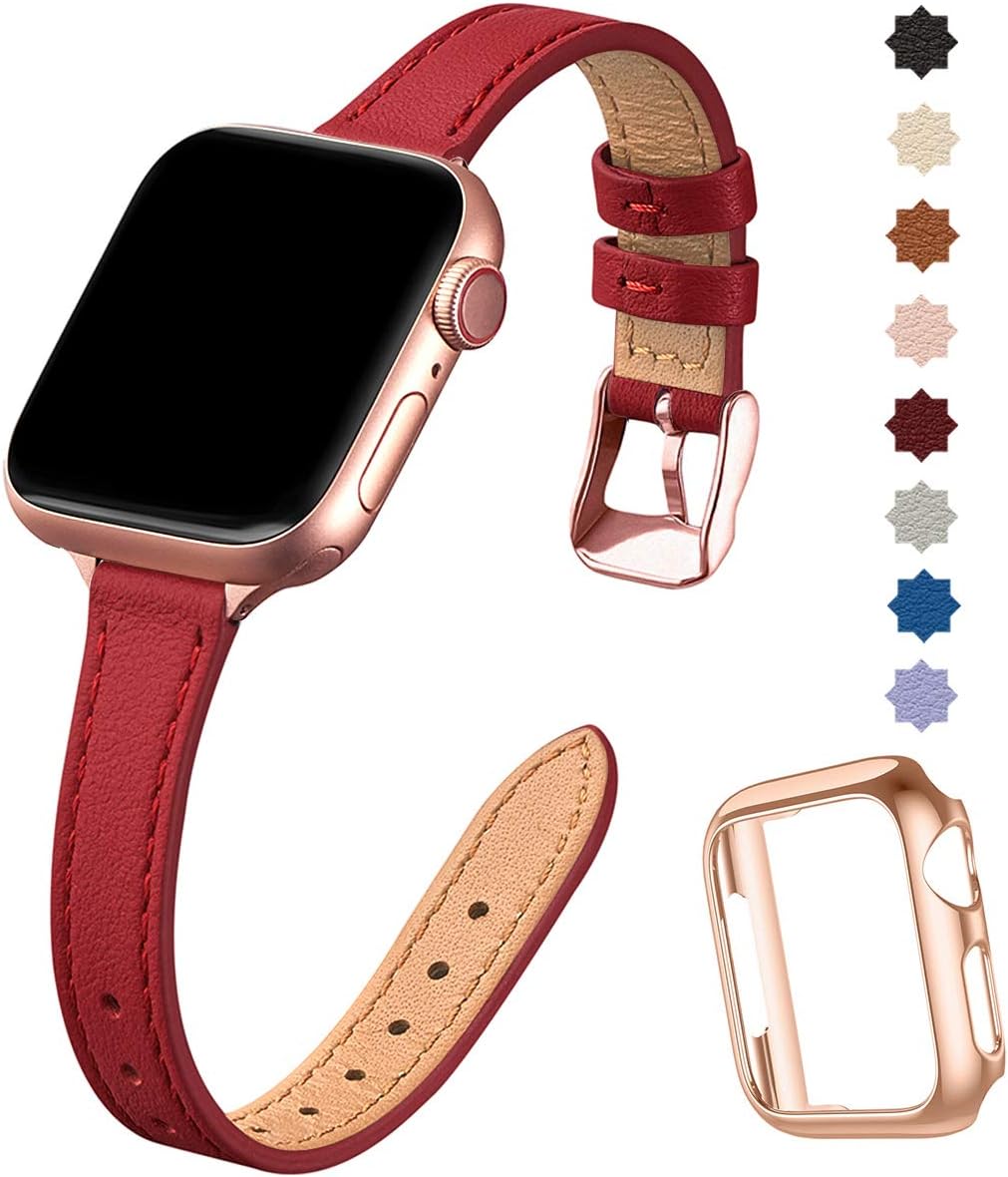 SUNFWR Compatible with Apple Watch Strap 38mm 40mm 41mm,Genuine Leather Strap Replacement,Slim&Thin Wristband for iwatch Series 7/6/5/4/3/2/1,SE(38mm 40mm 41mm,Red&Rosegold)