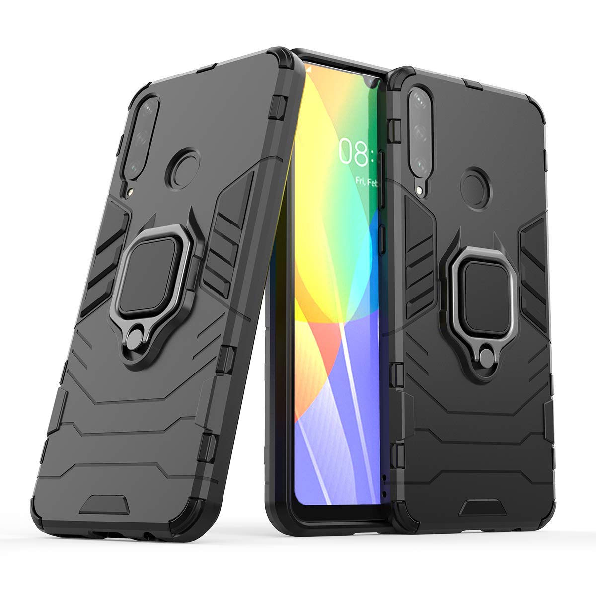 MRSTER Huawei Y6P Case, Heavy Duty Armor Dual Layer Shock Resistant Hybrid Protective Case Cover with Ring Holder Kickstand for Huawei Y6P. HB Black