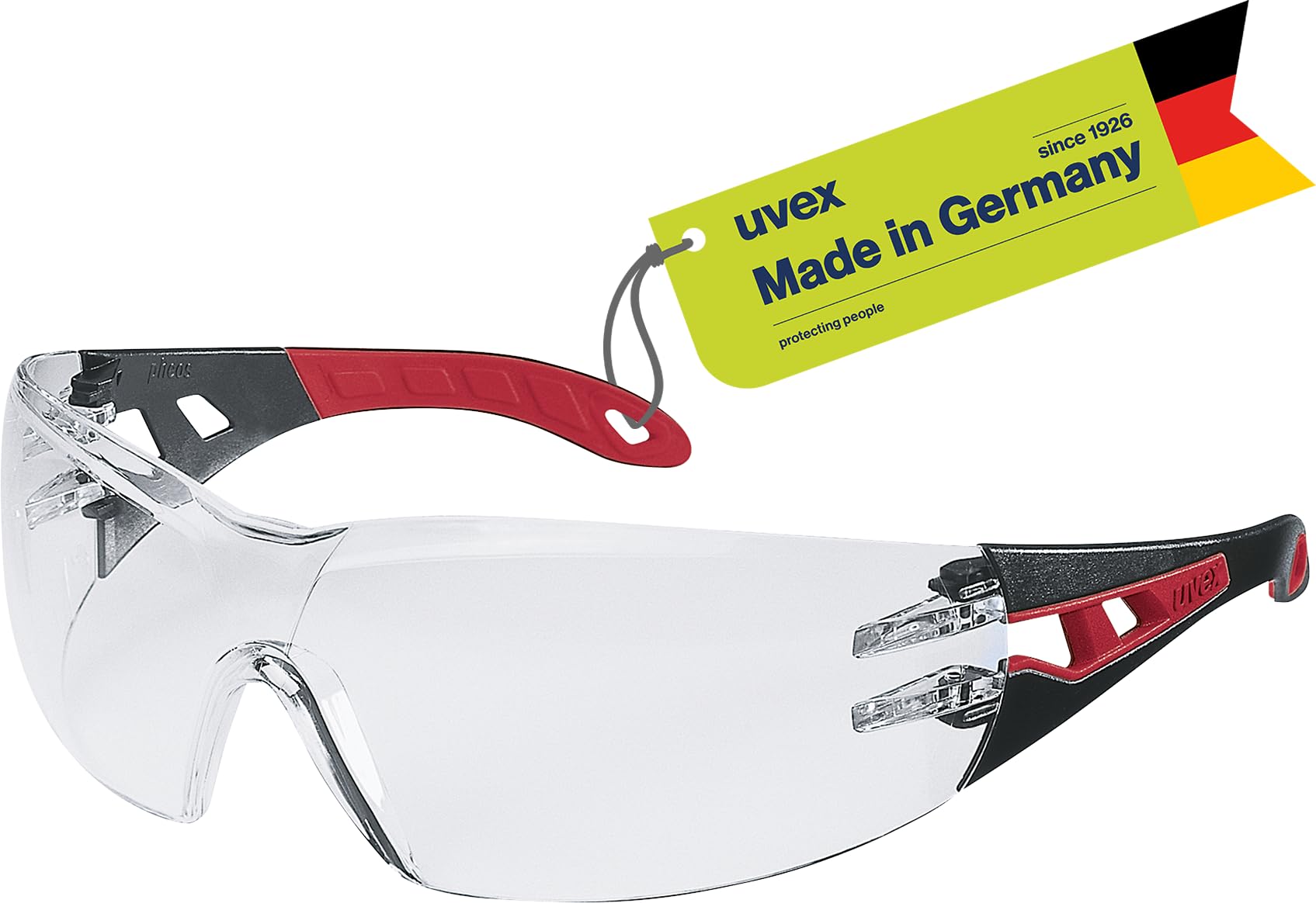 Uvex Pheos - Safety Glasses - Temple Glasses Supravision Excellence Technology - Metal-Free, Anti-Fog & Scratch-Resistant - One Size - Black/Red, Transparent