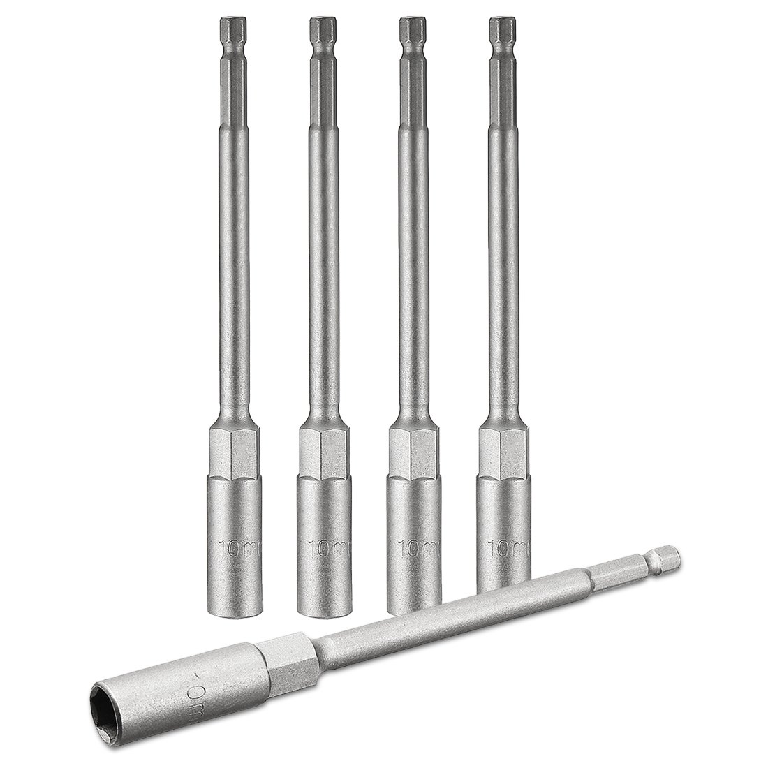 Sourcingmap 5 Pcs 1/4" Quick-Change Hex Shank 10mm Nut Setter Driver Drill Bit, 150mm Length, Metric No-Magnetic