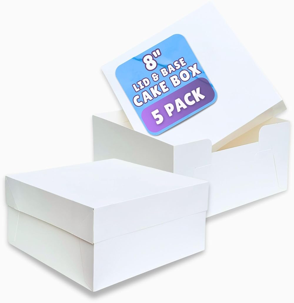 PACK N TRADE 8 Inch Cake Box, 5 Pack Square Cardboard with Lids