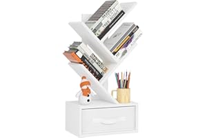 SHEEPAM Small Bookshelf with Drawer,4 Tier Tree Book Shelf,Wood Desk Bookshelves,Modern Free Standing Desktop Display Shelves,White Floor Standing Organizer Bookcase for Living Room,Bedroom,Office