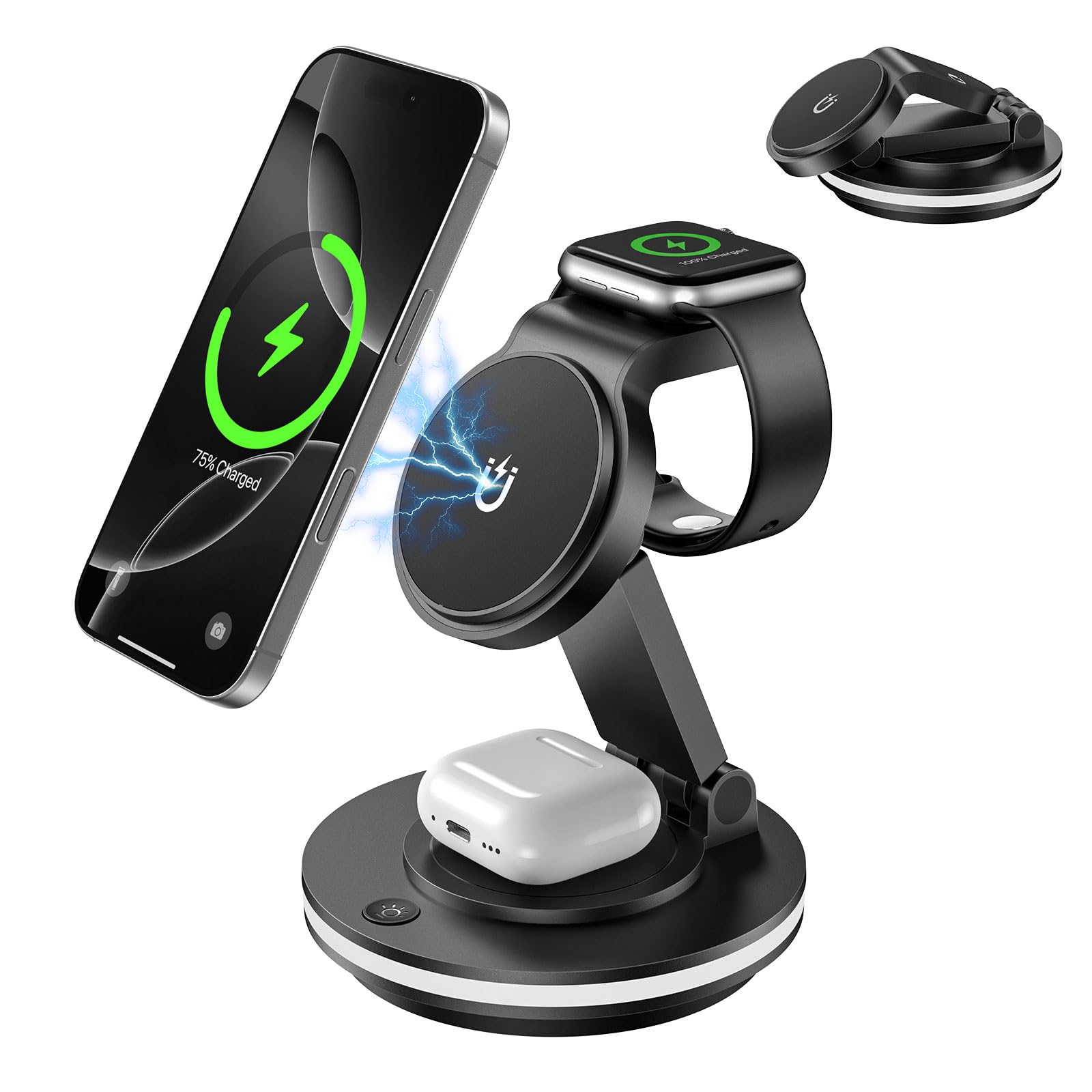3 in 1 Wireless Charging Station,Mag-Safe Charger Stand,Fast Wireless Charger Stand Compatible with iPhone 16/15/14/13/12/Pro/Pro Max/Mini,Phone and Watch Charger Stand for Apple Watch,Airpods(Black)