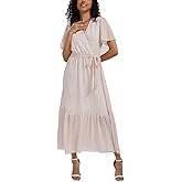 Women's Summer Bohemian Floral Chiffon Dress Cap Sleeve V Neck Ruffle Long Flowy Boho Casual Vacation Dresses
