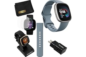 Fitbit Versa 4 Health and Fitness Smart Watch (Blue/Platinum) with Built-in GPS, 6 Day Battery Life, S & L Bands, Bundle with 3.3foot Charge Cable, Wall Adapter, Screen Protectors & PremGear Cloth