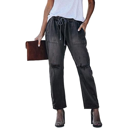 Sidefeel Women Pull-on Distressed Denim Joggers Elastic Waist Stretch Pants