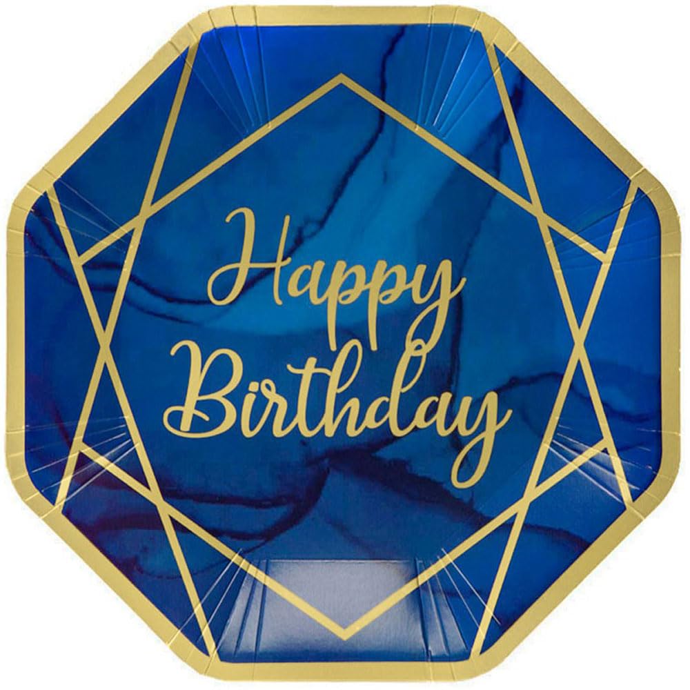 Anniversary House Happy Birthday Paper Dinner Plates, Navy Blue & Gold Geode Birthday, Disposable Paper Party Plates, 23cm (9"), Pack of 8, J125