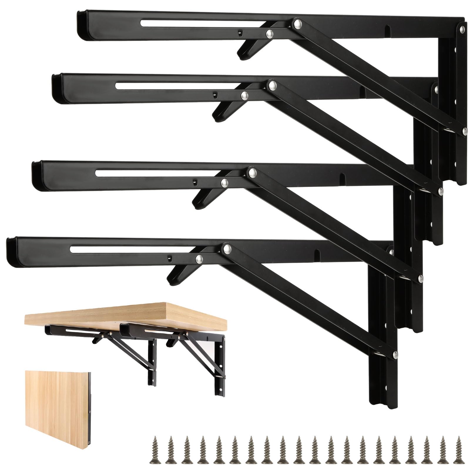 MUXHEL 4PCS Folding Shelf Brackets 16 inch/400mm Heavy Duty Shelf Brackets Black Folding Shelf Heavy Duty Wall Brackets Folding Table Bracket for Home Kitchen Folding Table, Max Load 70KG/Pair