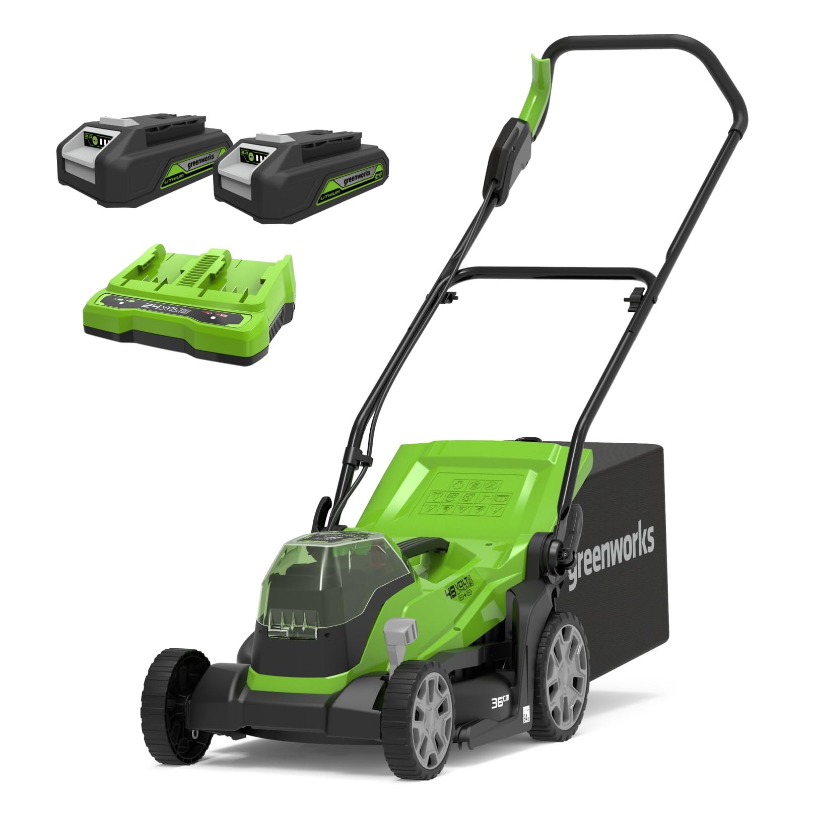 Greenworks Tools Greenworks G24X2Lm36K2X Tondeuse À Gazon Sans Fil Pour Pelouses Jusqu'À 210M², Largeur De Coupe 36 Cm, Sac De 40L, Inclus Deux Batteries De 24V (Équivalent 48V) 2Ah Et Chargeur Double, Garantie 3 Ans
