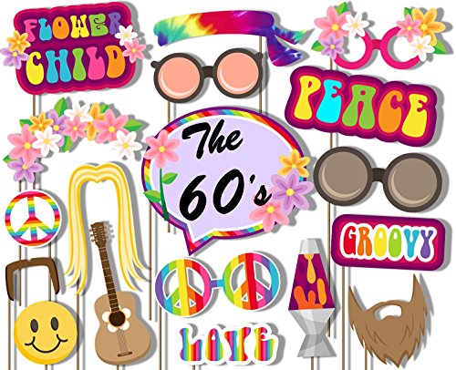 Birthday Galore 60's Hippie Photo Booth Props Kit - 20 Pack Party Camera Props Fully Assembled
